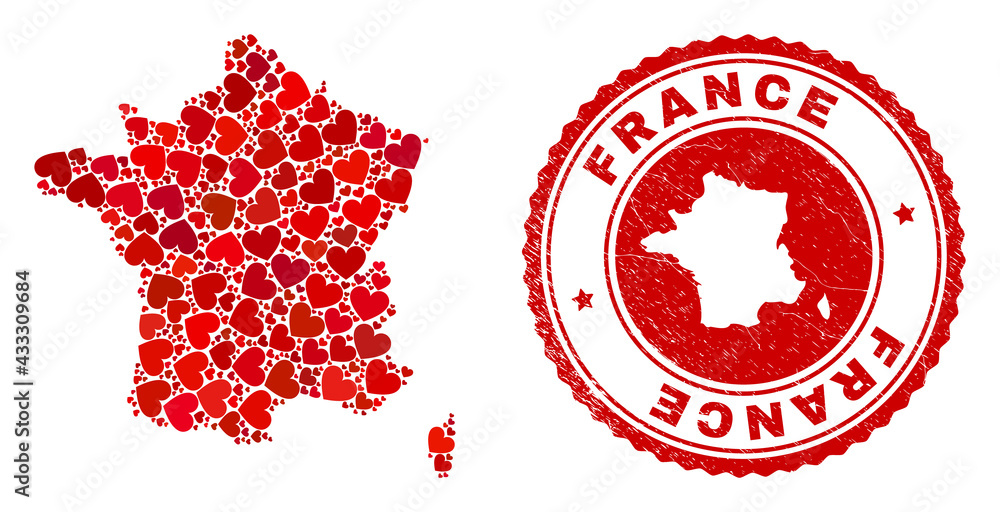 Collage France map created with red love hearts, and rubber stamp. Vector lovely round red rubber seal imitation with France map inside. Geographic abstraction of France map with red wedding symbols.