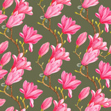Seamless pattern with watercolor magnolia branches and pink flowers on a green background. Spring floral watercolor pattern.