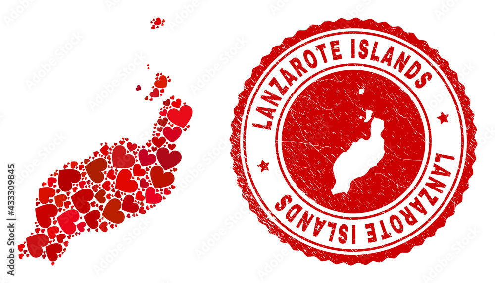 Collage Lanzarote Islands map formed with red love hearts, and scratched badge. Vector lovely round red rubber badge imprint with Lanzarote Islands map inside. Collage Lanzarote Islands map formed with red love hearts, and scratched badge. Vector lovely round red rubber badge imprint with Lanzarote Islands map inside.