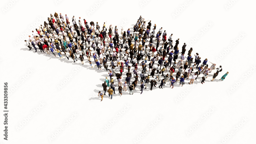 Concept conceptual large community of people forming the road sign. 3d illustration metaphor for navigation, strategy, journey, guidance, choice and decision