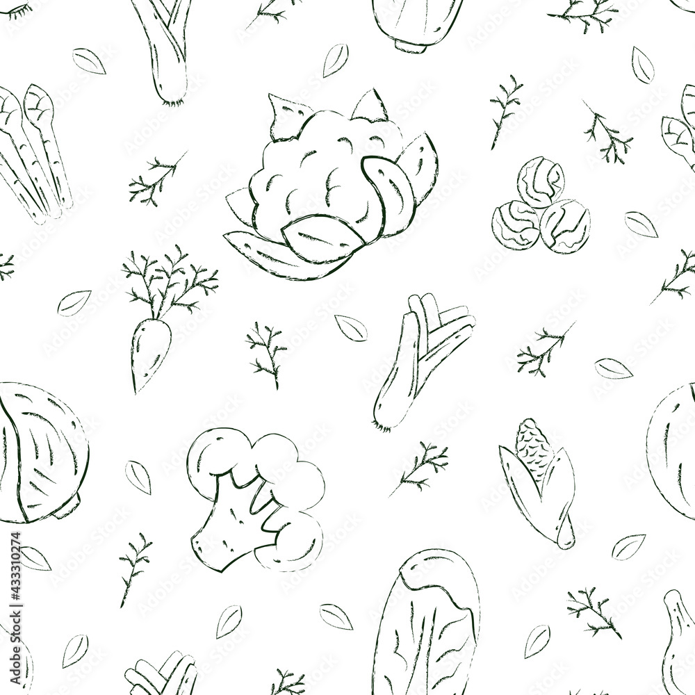 Seamless pattern with cabbage, broccoli, carrots, potatoes, corn, leeks, herbs. Healthy food sketch. Vegetables isolated on a white background. Vector illustration, eps