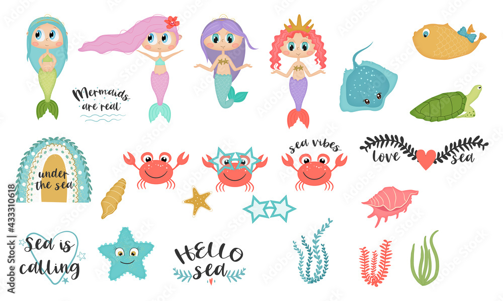Under the sea collection. Cute mermaids cartoon vector illustration. Under the sea collection. Cute mermaids cartoon vector illustration.