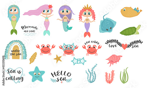 Under the sea collection. Cute mermaids cartoon vector illustration.