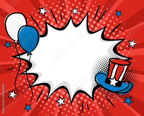 Bright pop art burst picture for USA Independence Day. Template by July 4th in national colors of the United States of America. Comic frame for social media post template. Cartoon Vector illustration
