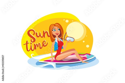 Summer vector drawing of a girl on a surfboard.