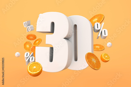 Orange sale 30% off, hot summer sale Promotion with cut oranges. 3D Render