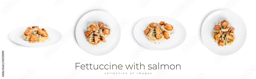 Fettuccine with salmon and arugula in cream sauce isolated on a white background. Pasta nests isolated.