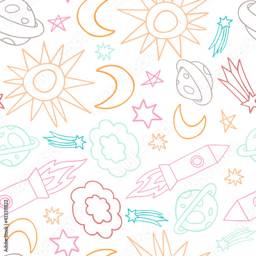 Seamless vector pattern colorful design of outer space with lined planets and rockets in pastel tones