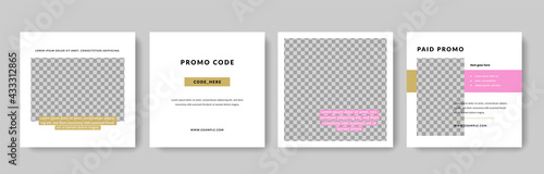 clean fashion social media layouts with pink and gold accent, instagram and facebook graphic templates, square banners for online adverts