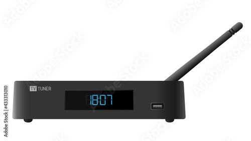 TV tuner. TV set-top box. Used for watching IPTV, movies and Internet surfing.  Isolated white background. Visual material. Vector illustration.