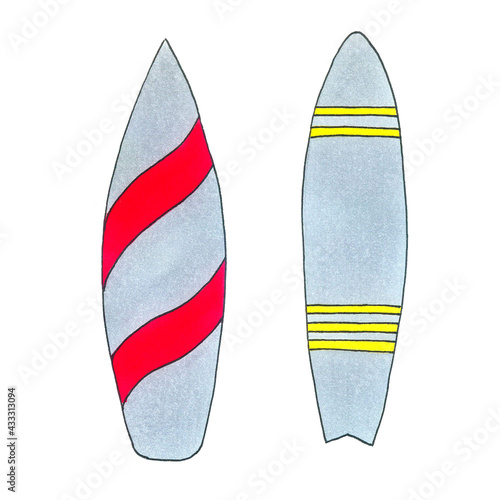 Set of surfboards handdraw flat material design object. Isolated illustration on white background.