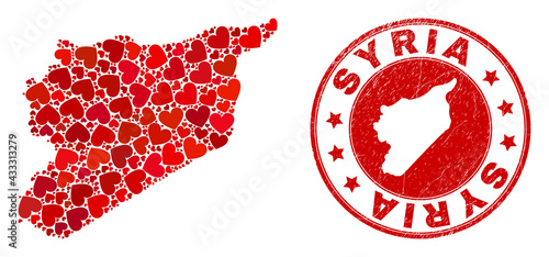 Collage Syria map created with red love hearts, and textured seal stamp. Vector lovely round red rubber seal stamp imitation with Syria map inside.
