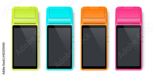Vector Realistic Silver 3d Payment Machine. POS Terminal Set Closeup Isolated on White Background. Design Template of Bank Payment Terminal, Mockup. Processing NFC Payments Device. Top View
