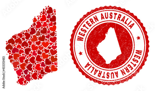 Mosaic Western Australia map formed with red love hearts, and scratched badge. Vector lovely round red rubber badge imitation with Western Australia map inside.