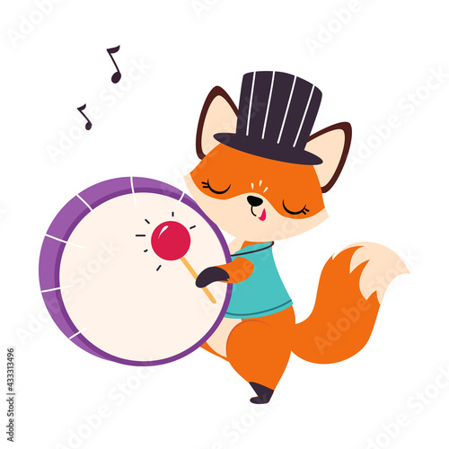 Circus Fox Animal in Top Hat Beating Drum Performing Trick Vector Illustration