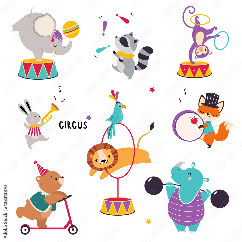 Circus Animals Performing Tricks with Raccoon Juggling and Monkey  Somersaulting with Hula Hoop Vector Set Stock Vector | Adobe Stock