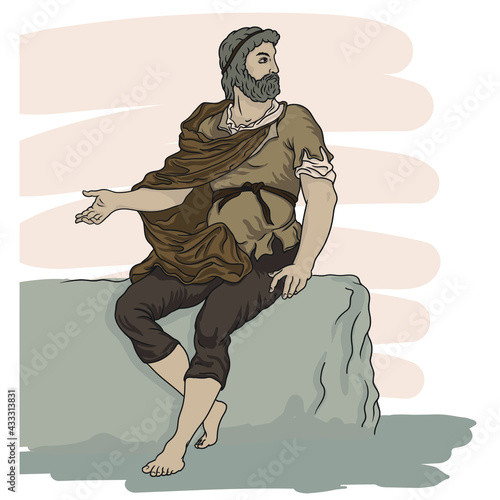 A man in old-fashioned clothes sits on a stone and gestures.
