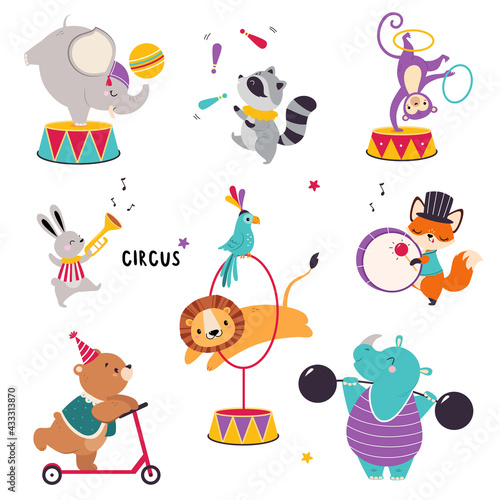 Circus Animals Performing Tricks with Raccoon Juggling and Monkey Somersaulting with Hula Hoop Vector Set