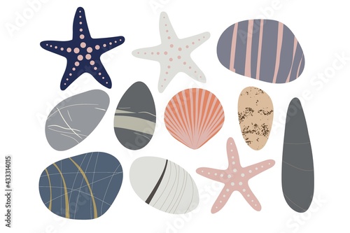 Beach pebbles, sea star, shell set. Hand drawn various shapes. Modern illustration in vector. Different shapes, colors and textures set. Various forms of sea rock pebbles isolated on white background.