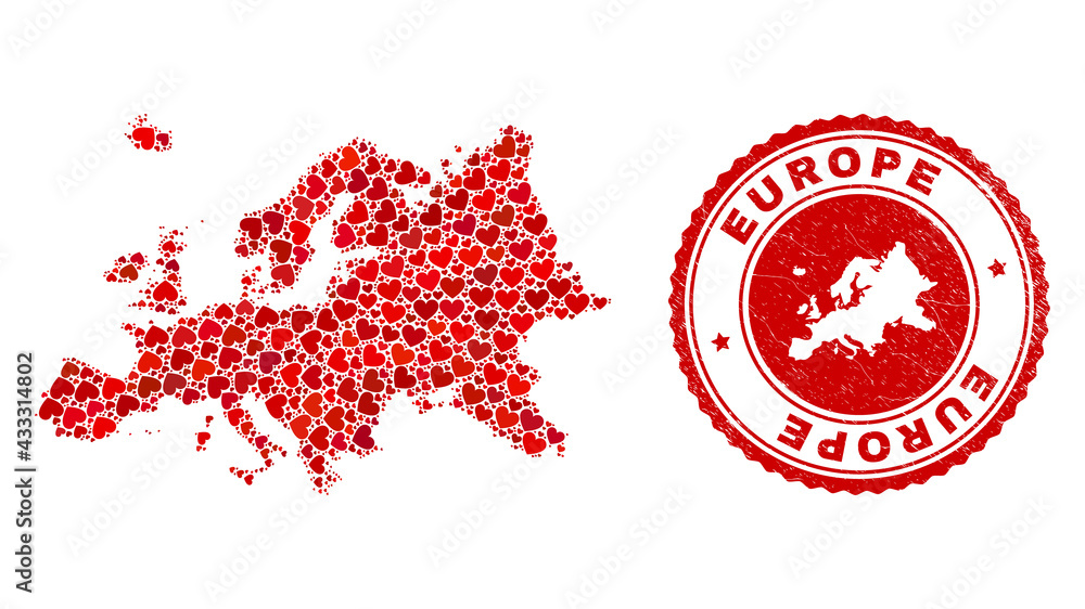 Fototapeta premium Collage Europe map created from red love hearts, and dirty seal stamp. Vector lovely round red rubber seal stamp imitation with Europe map inside.