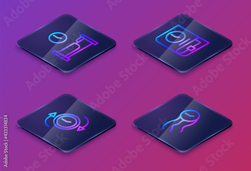 Set Isometric line Time to sleep, Clock with arrow, for book and flies on the clock. Blue square button. Vector