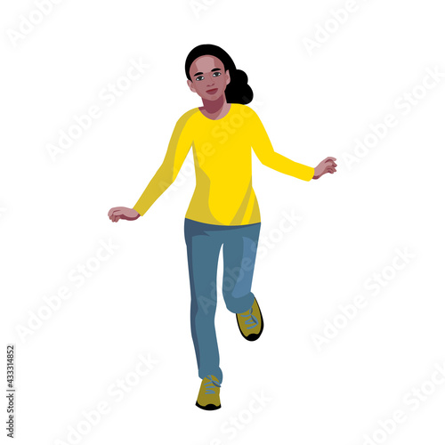 Dark skinned teen school girl isolated figure runs forward vector isolated