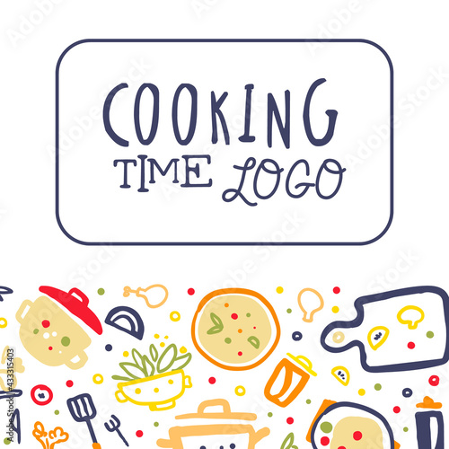 Cooking Time Logo Banner, Cooking Class Poster, Card with Kitchenware Utensils and Ingredients Seamless Pattern Vector Illustration