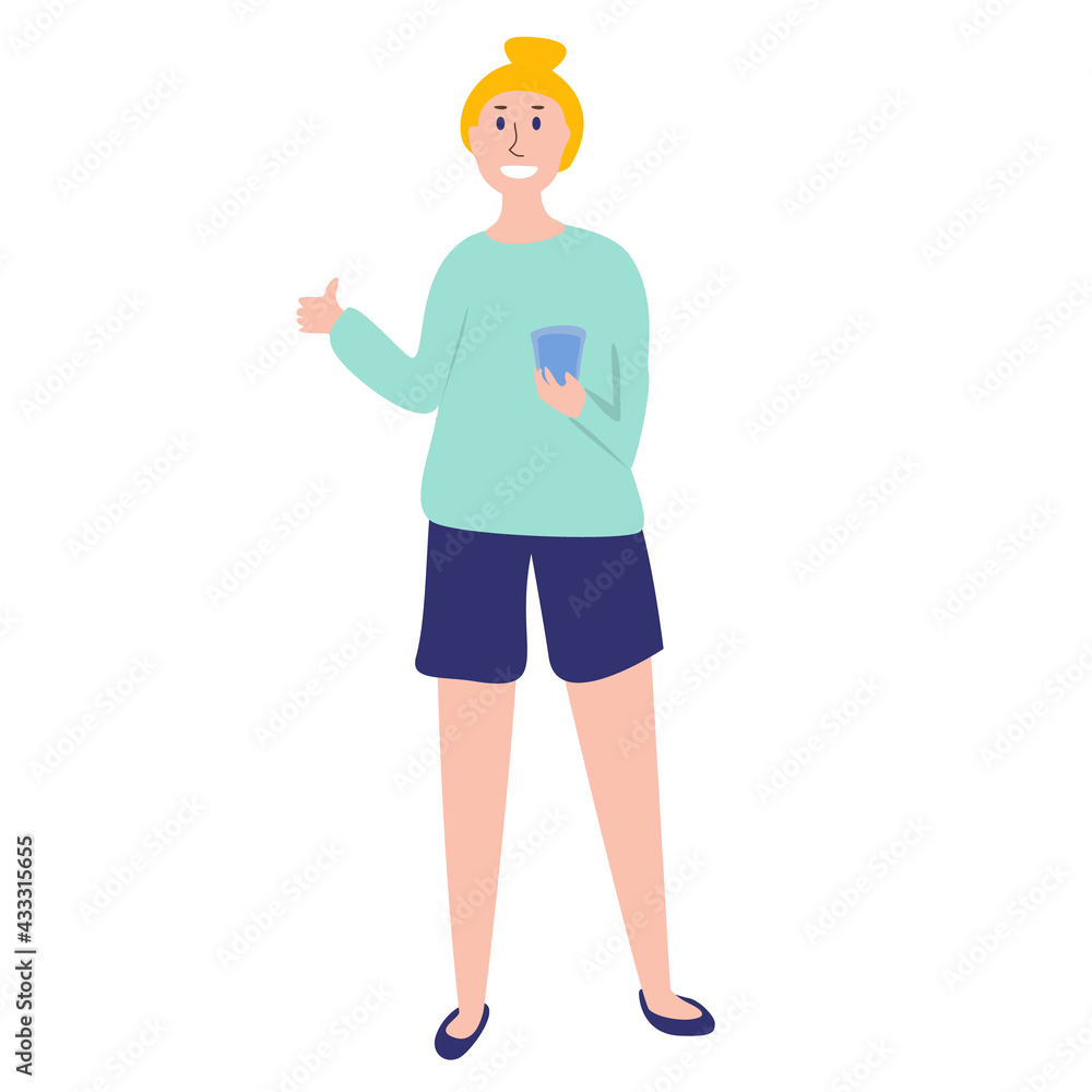 Vector illustration cartoon of girl holding glass of water and showing thumb up. For web, posters, banners, flyers,etc