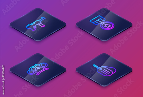 Set Isometric line Submachine gun M3, Brass knuckles, Military reward medal and dog tag. Blue square button. Vector
