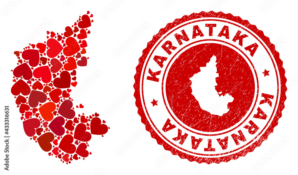 Mosaic Karnataka State map designed with red love hearts, and dirty stamp. Vector lovely round red rubber seal imitation with Karnataka State map inside. Mosaic Karnataka State map designed with red love hearts, and dirty stamp. Vector lovely round red rubber seal imitation with Karnataka State map inside.