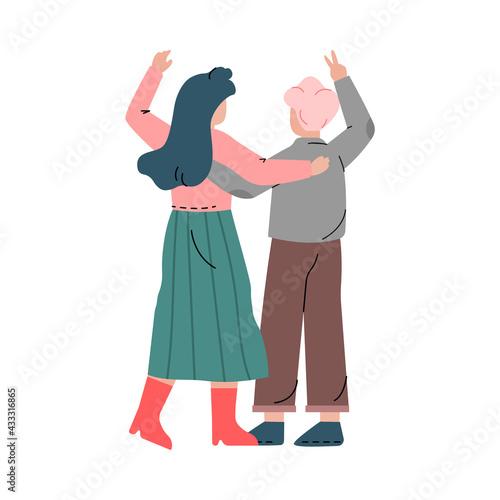 Happy Romantic Couple Walking Embracing Each Other Back View Vector Illustration