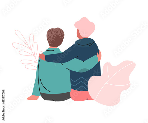 Happy Romantic Couple Sitting and Embracing Each Other Back View Vector Illustration