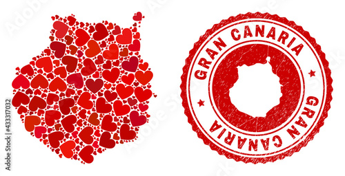 Collage Gran Canaria map created with red love hearts, and corroded seal stamp. Vector lovely round red rubber seal stamp imprint with Gran Canaria map inside.