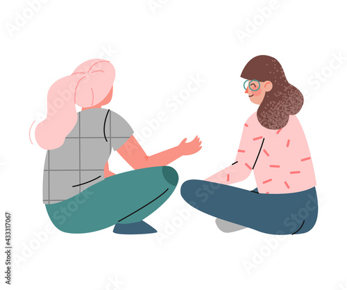 Couple of Young Woman Sitting Cross Legged and Talking Vector Illustration