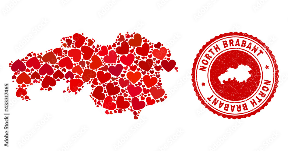Mosaic North Brabant Province map created from red love hearts, and textured seal stamp. Vector lovely round red rubber seal imprint with North Brabant Province map inside. Mosaic North Brabant Province map created from red love hearts, and textured seal stamp. Vector lovely round red rubber seal imprint with North Brabant Province map inside.
