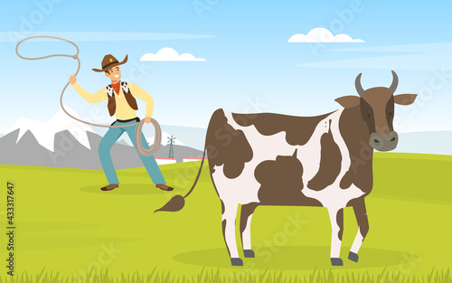 Cowboy Character Working on Farm and Grazing Cows, Male Farmer Following Row with Lasso Vector Illustration