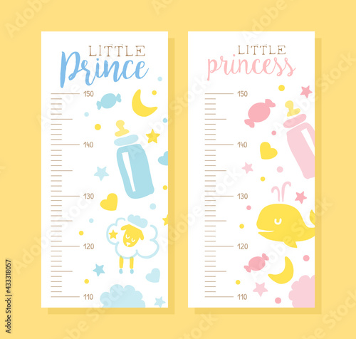 Meter Wall Height Chart in Pastel Colors Set , Prince and Princess Stadiometer Cartoon Vector Illustration