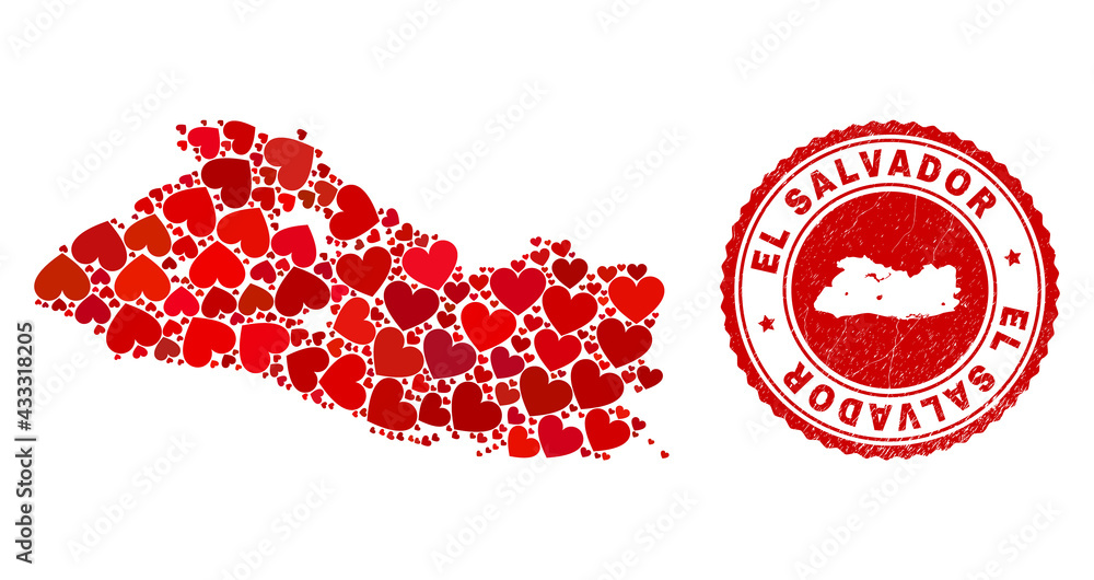 Collage El Salvador map designed from red love hearts, and dirty badge. Vector lovely round red rubber badge imprint with El Salvador map inside. Collage El Salvador map designed from red love hearts, and dirty badge. Vector lovely round red rubber badge imprint with El Salvador map inside.