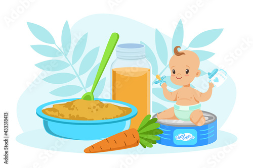 Adorable Smiling Little Boy with Food, Toddler Baby Eating Baby Meals Vector Illustration