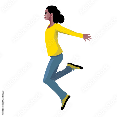 Vector isolated figure of a dark-skinned teen girl jumping and waving her hands