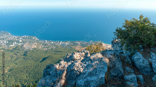 view from the top of Ai-Petri of the Crimean mountains to the resort town of Yalta on the Black Sea coast