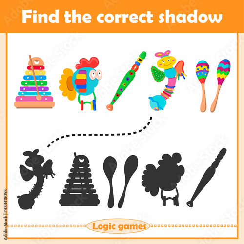 Find the correct shadow. Educational matching game for children. Collection of kids musical toys xylophone, flute, piano, maracas.