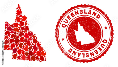 Collage Australian Queensland map designed with red love hearts, and corroded seal stamp. Vector lovely round red rubber seal stamp imprint with Australian Queensland map inside.
