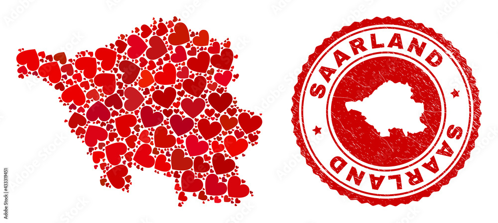 Mosaic Saarland Land map created with red love hearts, and scratched seal stamp. Vector lovely round red rubber seal imitation with Saarland Land map inside. Mosaic Saarland Land map created with red love hearts, and scratched seal stamp. Vector lovely round red rubber seal imitation with Saarland Land map inside.
