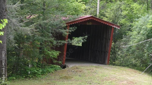 Georgia, Bogg Creek  A zoom out on a red covered bridge that is over Bogg Creek with trees photo