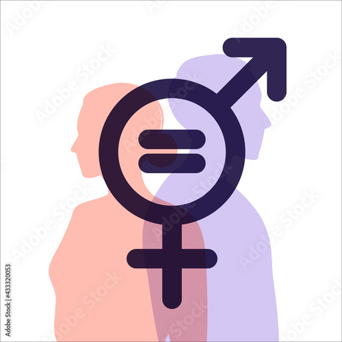 Gender equality concept. Men and women character on the scales for gender equality. Silhouettes of a man and a woman. The gender sign. Vector illustration. Flat.