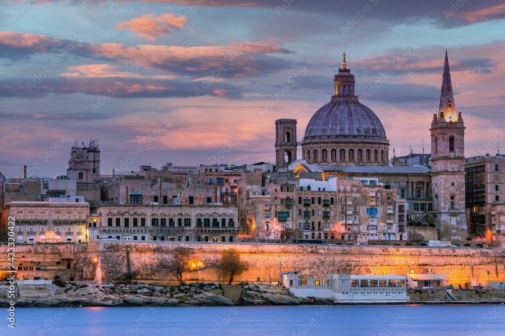 lluminated cityscape of Valletta,Malta at Dramatic Sunset