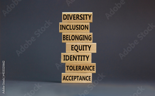 Diversity, inclusion symbol. Diversity belonging inclusion equity identity tolerance acceptance words written on wooden block. Beautiful grey background. Diversity, inclusion and belonging concept.
