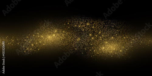 Abstract luxury background. Golden glittering dots. Sparkling round particles in the dark. Halftone effect. Magical dust. Vector illustration.