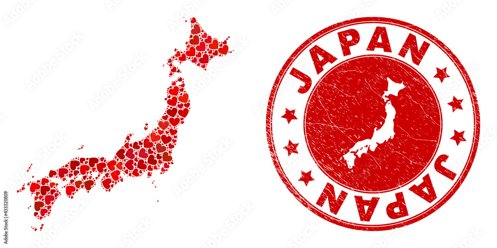 Mosaic Japan map composed from red love hearts, and rubber stamp. Vector lovely round red rubber seal stamp imitation with Japan map inside. Mosaic Japan map composed from red love hearts, and rubber stamp. Vector lovely round red rubber seal stamp imitation with Japan map inside.